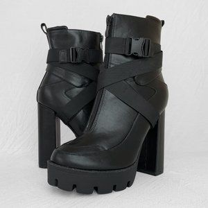 Camssoo Platform Boots Chunky Block Heel Calf High Booties